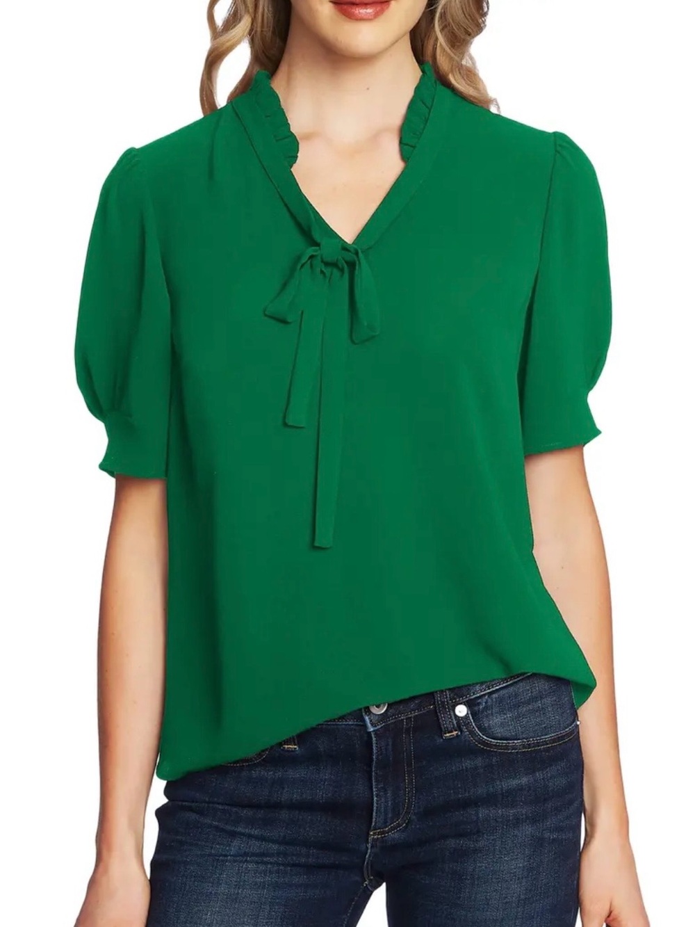 CeCe Emerald Green Ruffle Tie-Neck Blouse. Size M